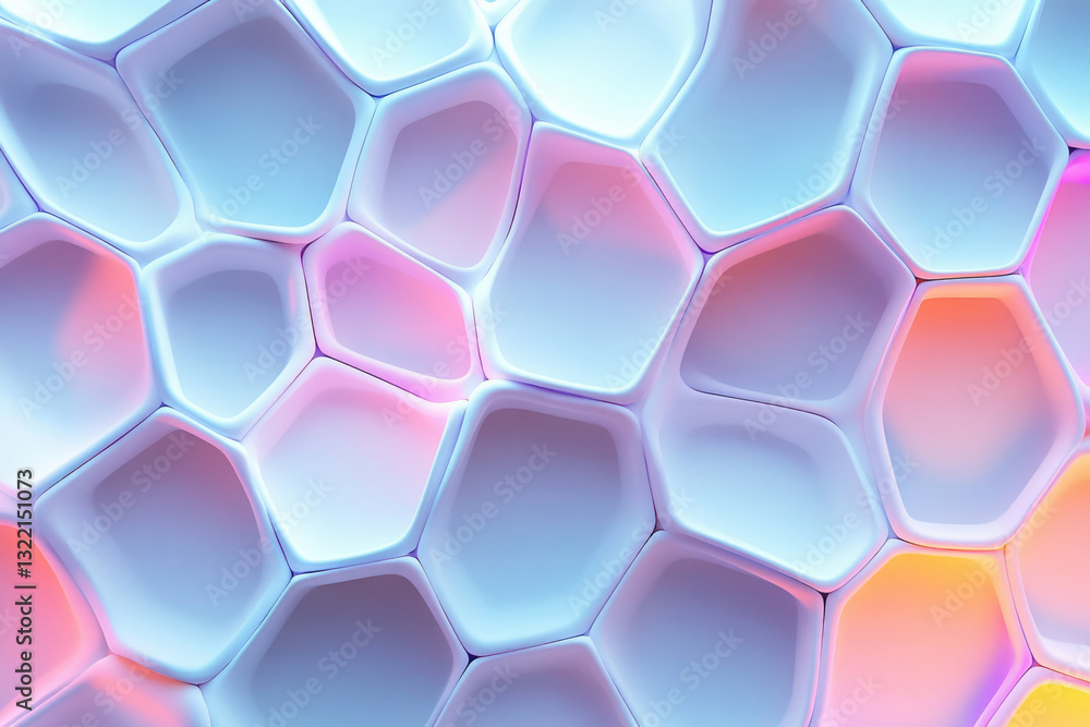 Poster Abstract 3D render of a honeycomb-like structure with pastel colors and irregular shapes.