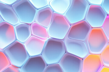 Abstract 3D render of a honeycomb-like structure with pastel colors and irregular shapes.
