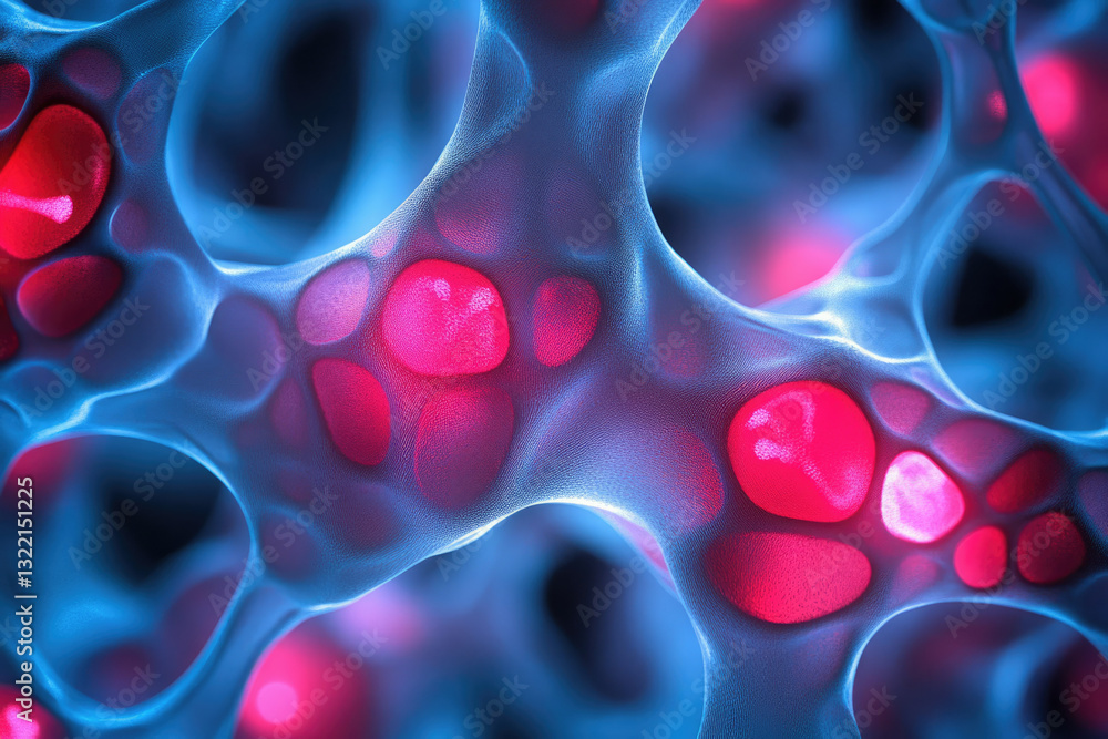 Poster microscopic view of a cellular network, showcasing interconnected cells with vibrant pink and blue h