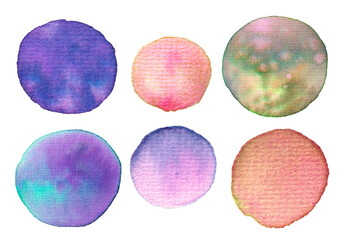Watercolor circles in various colors on transparent background, showcasing artistic blending and abstract design elements