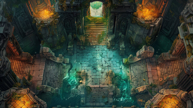 Ancient underwater temple, top-down view, fantasy dungeon art, game background style.