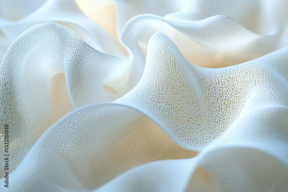 Poster Abstract image of flowing, textured white fabric with a delicate, porous pattern creating soft waves.