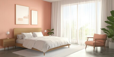 Fototapeta premium A stylish bedroom is brightly lit with soft natural light