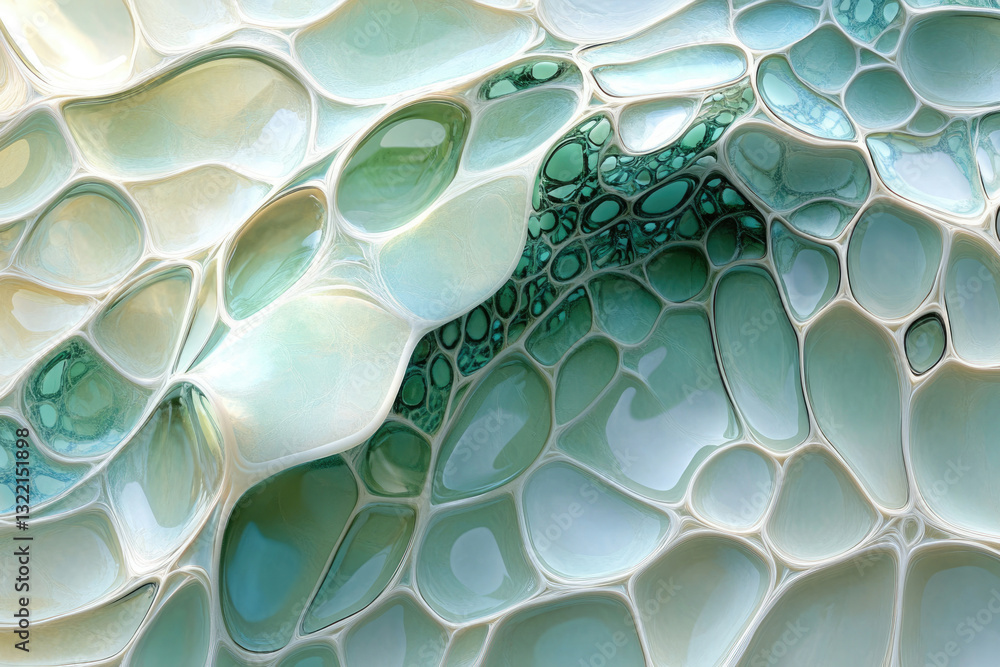 Poster abstract 3d render of interconnected, organic shapes in calming teal and beige tones.