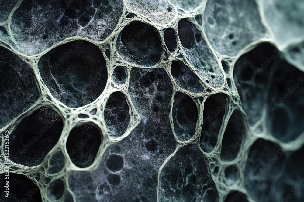Poster Abstract dark textured surface with a network of interconnected cavities and veins, resembling a biological or geological structure.