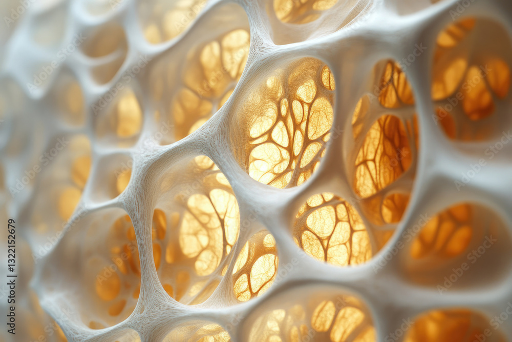 Poster Microscopic view of intricate bone structure, showcasing a network of trabeculae and marrow.