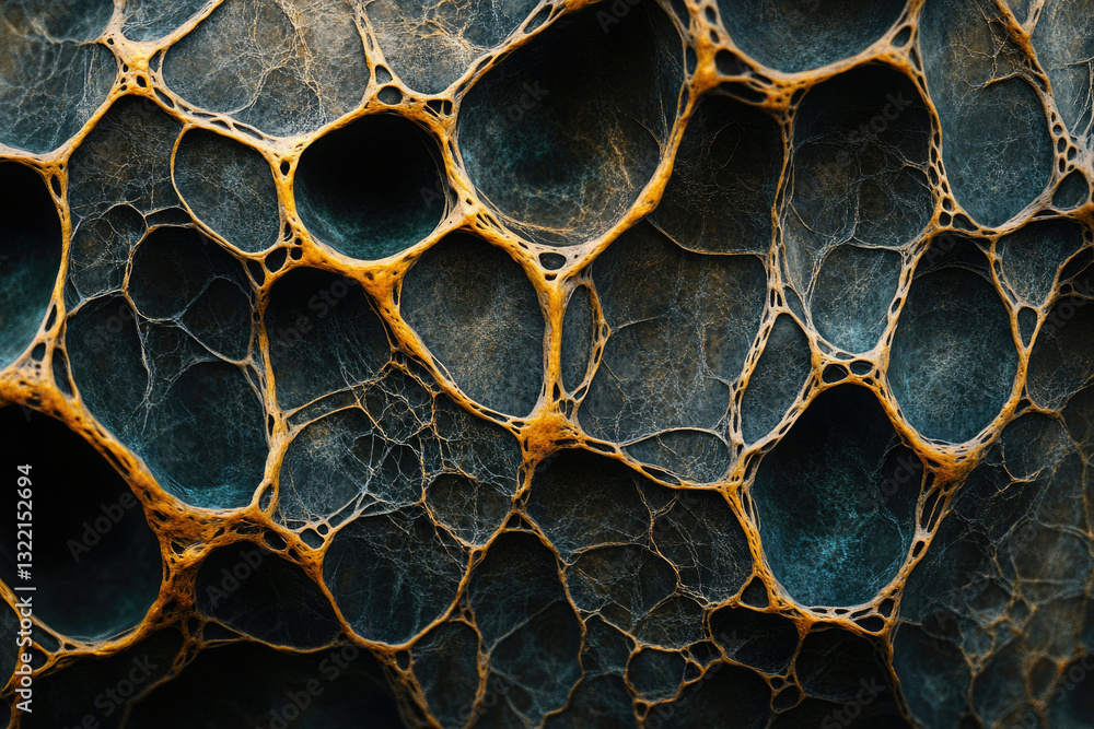 Poster intricate network of dark teal and golden organic structures, resembling a complex cellular or biolo
