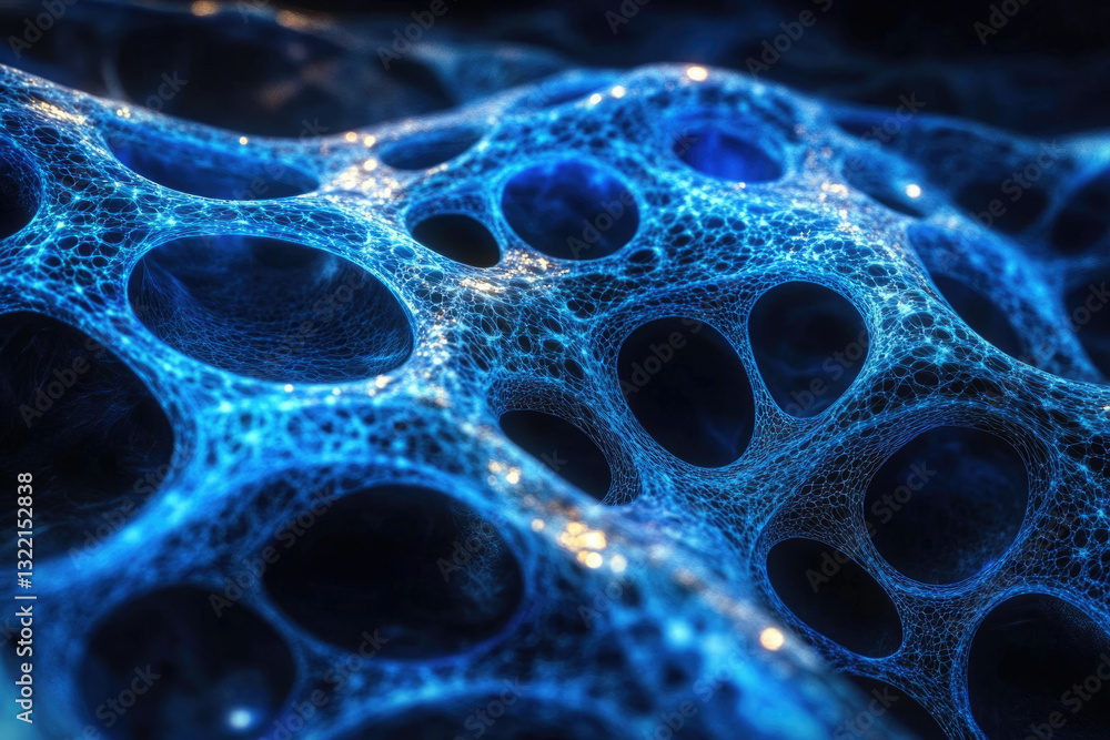 Poster Abstract 3D rendering of a blue, interconnected, porous network structure resembling a cellular or neural network.