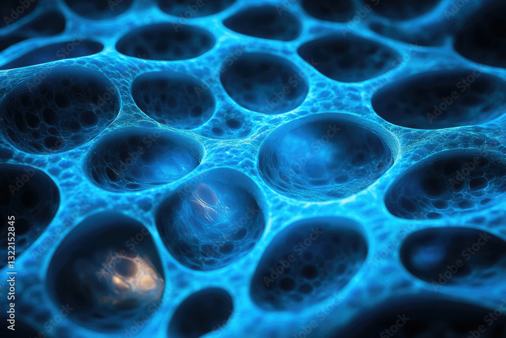Poster Microscopic view of a porous, blue, cellular structure resembling a network of interconnected cavities.