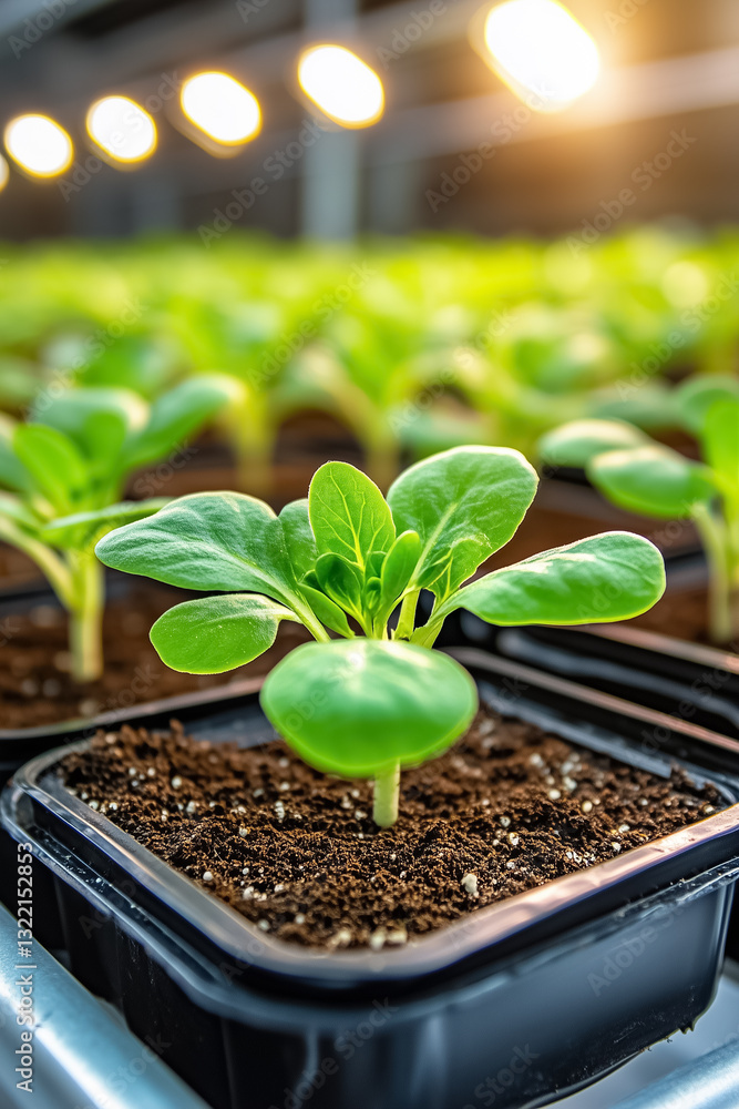 Poster seedlings thrive in neatly arranged trays under automated lights, casting a warm glow in the greenho