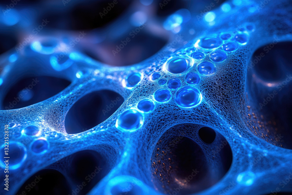 Poster Abstract blue network with glowing bubbles, resembling a microscopic view of cellular structures or a futuristic technology.