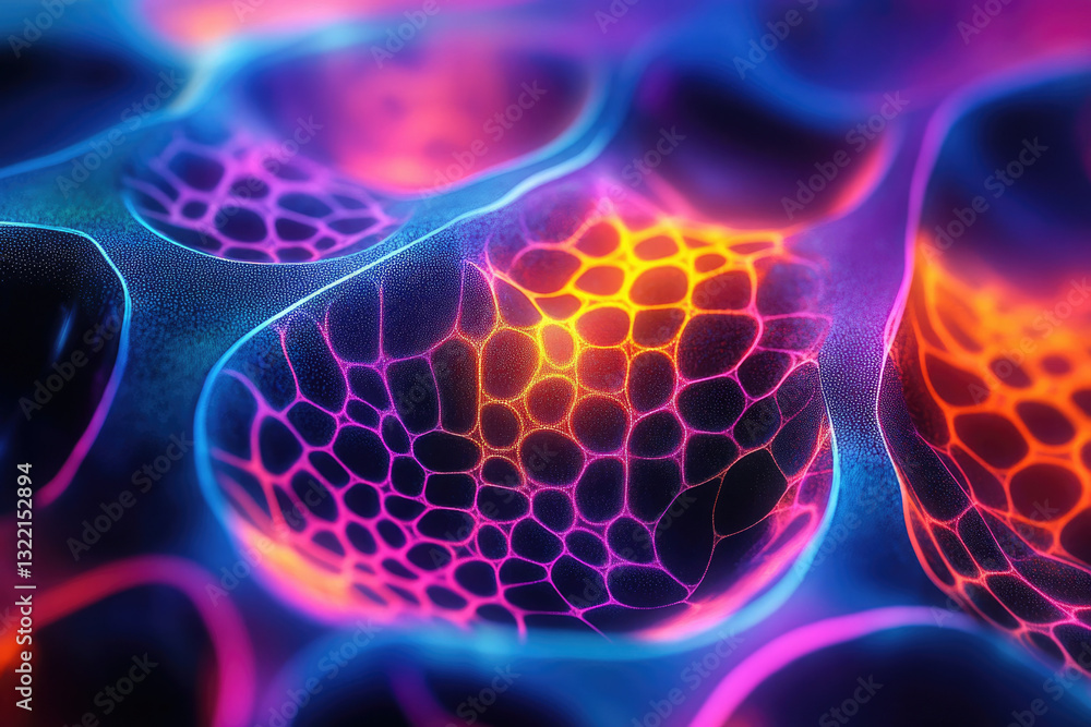 Poster abstract vibrant neon network, glowing interconnected nodes forming a dynamic, undulating surface.