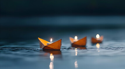 Three Illuminated Paper Boats with Candles Floating on Dark Water at Night