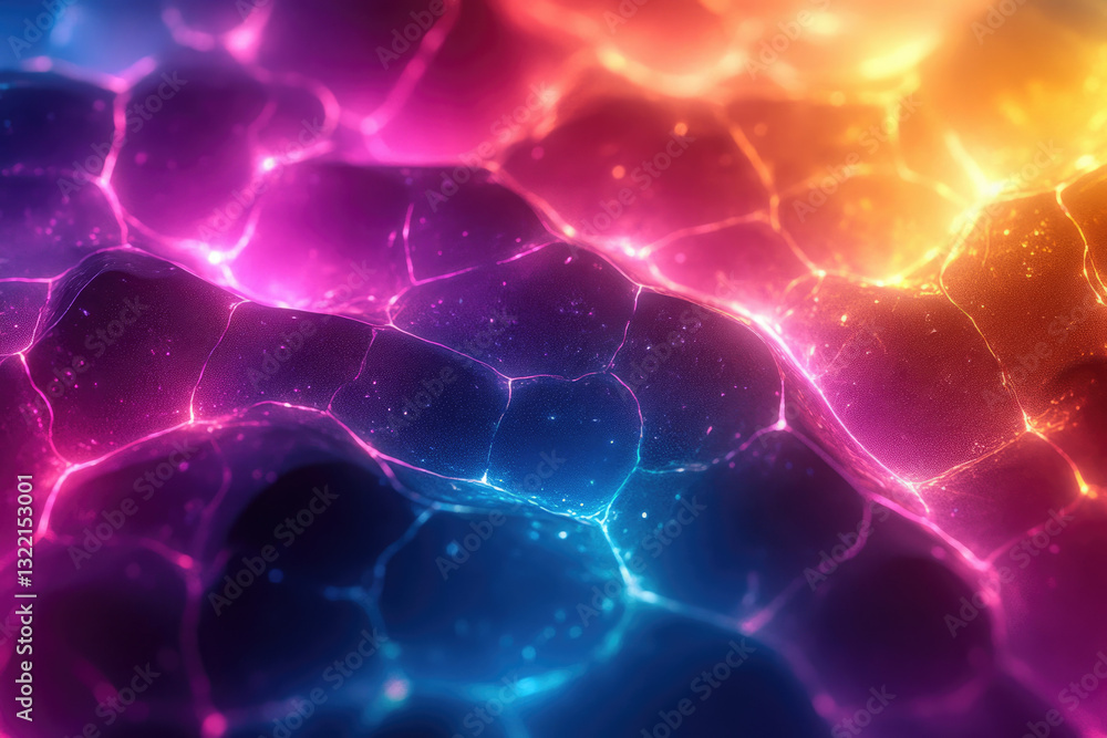 Poster Abstract vibrant multicolored glowing network texture background with dynamic energy lines.