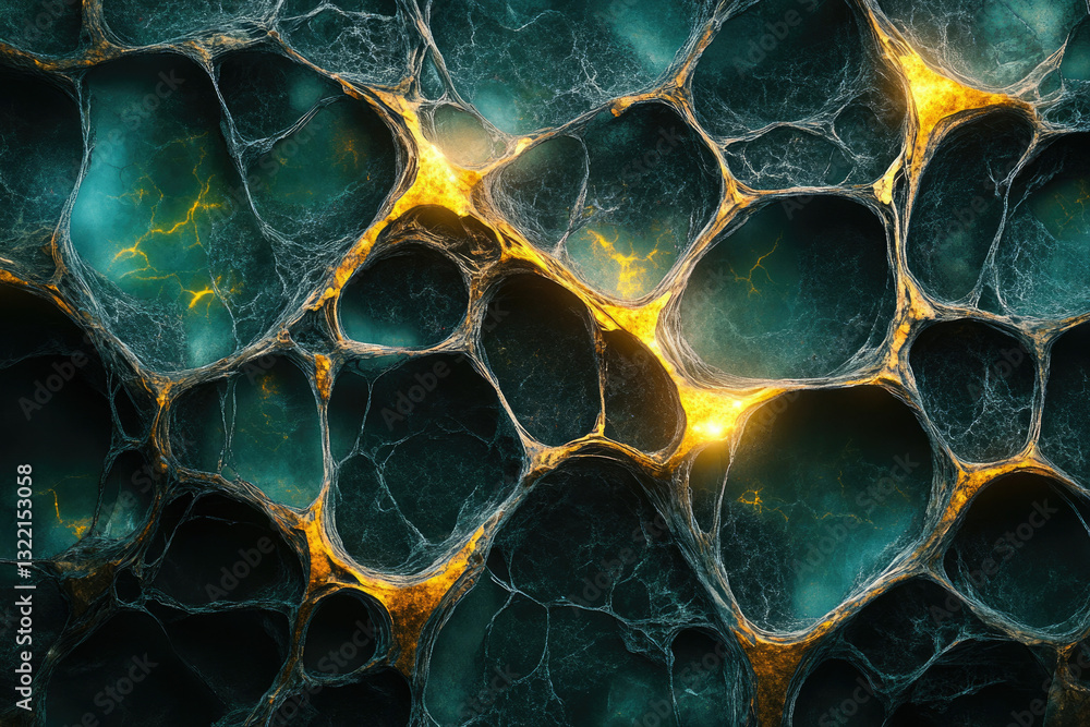 Poster Abstract image depicting a complex network of interconnected, glowing, cavernous structures.