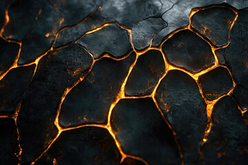 Glowing lava flows through cracks in dark, volcanic rock, creating a mesmerizing texture.