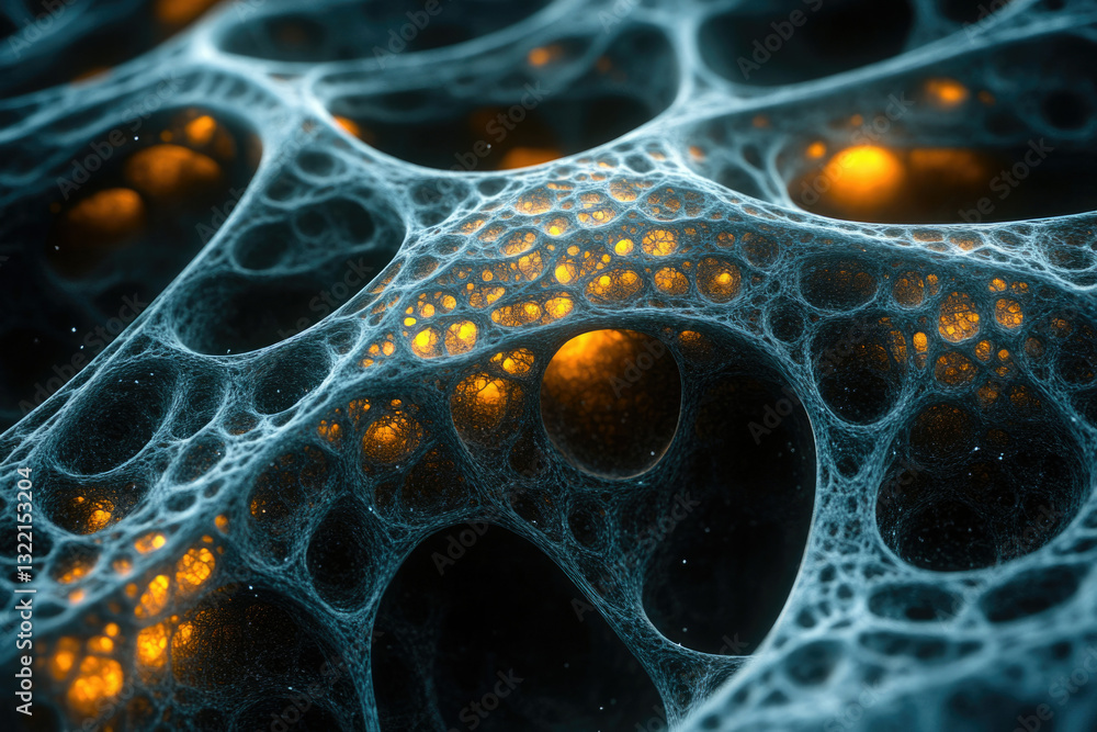 Poster intricate network of glowing, cavernous structures, resembling a complex biological or cosmic entity
