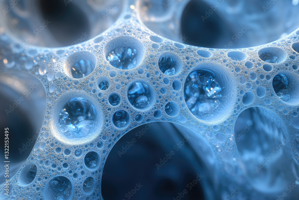 Poster intricate network of interconnected bubbles, resembling a porous, crystalline structure with a cool 