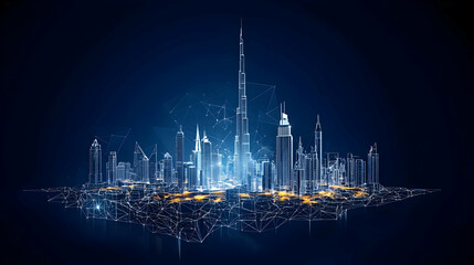 Abstract Futuristic Cityscape With Illuminated Buildings And Glowing Lines Against A Dark Blue Background