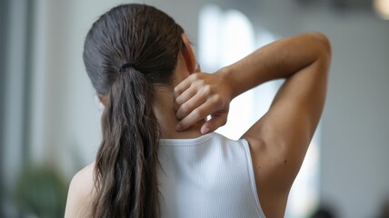 Naklejka premium Woman experiencing neck pain, holding her neck, rear view, indoors.
