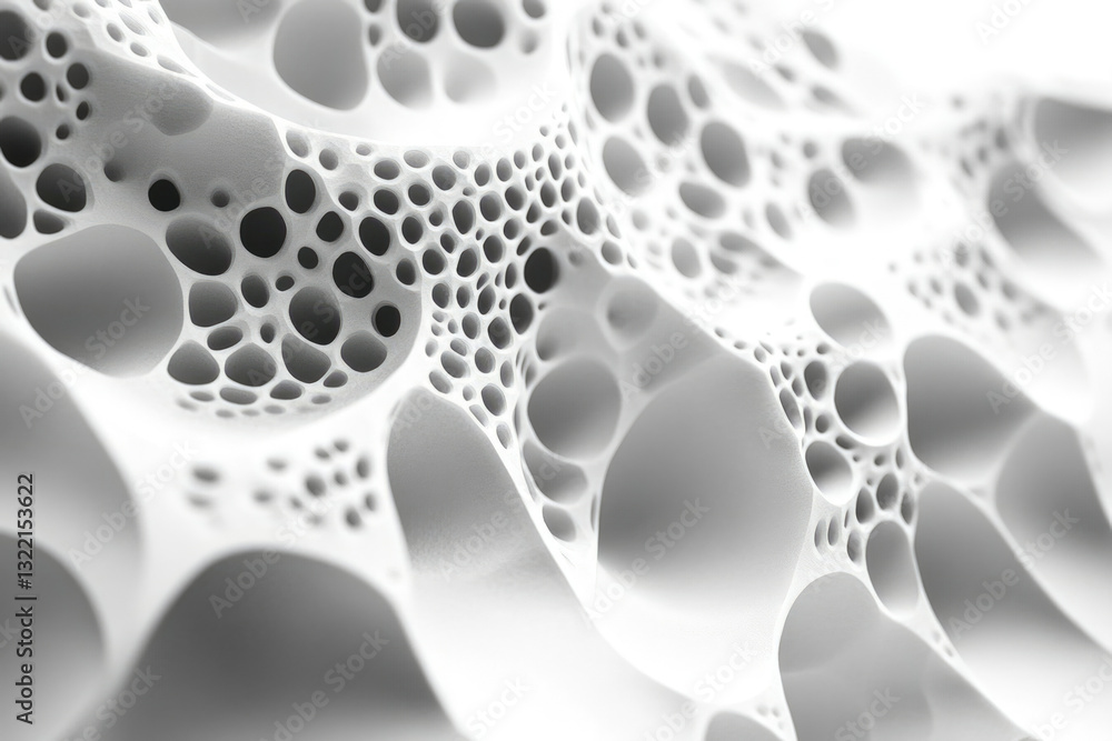 Poster Abstract 3D rendering of a porous, organic-like structure with interconnected cavities.