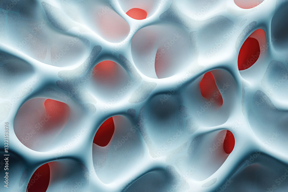 Poster Abstract 3D render of a porous, textured surface with interconnected cavities and a teal and red color scheme.