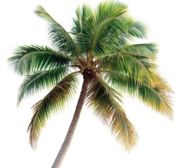 Majestic tropical palm tree with lush green fronds swaying gently in the breeze against a bright white background, perfect for summer and vacation themes.