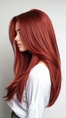 Obraz premium A woman with long red hair is wearing a white shirt