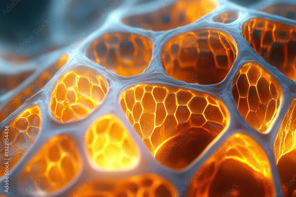 Poster intricate network of glowing honeycomb-like structures, resembling cellular or organic material.