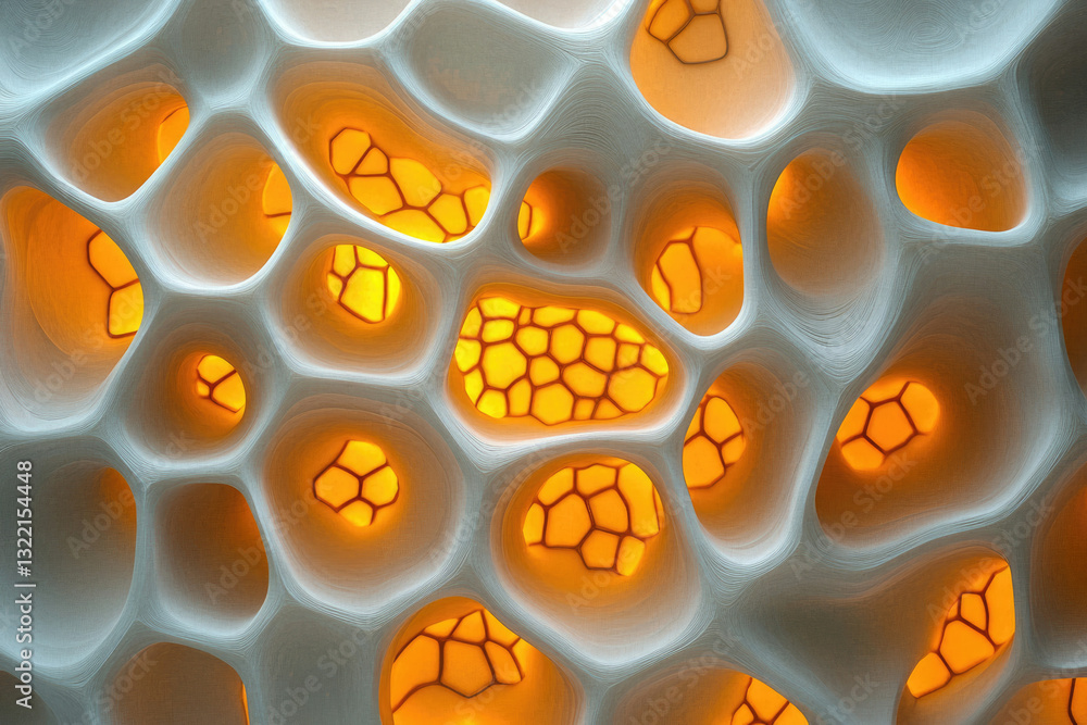 Poster Abstract 3D render of an organic structure with glowing honeycomb-like cavities.