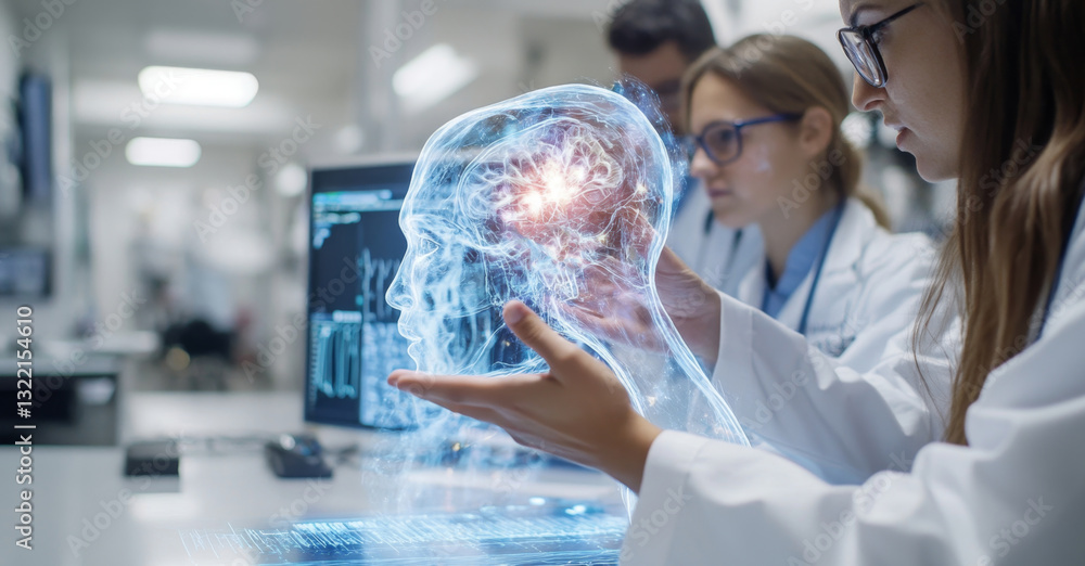 Fototapete a group of interns focuses on a holographic display of a human head while engaged in advanced medica