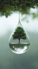 A crystal-clear water droplet contains a miniature tree, symbolizing nature's beauty and the importance of water in sustaining life.