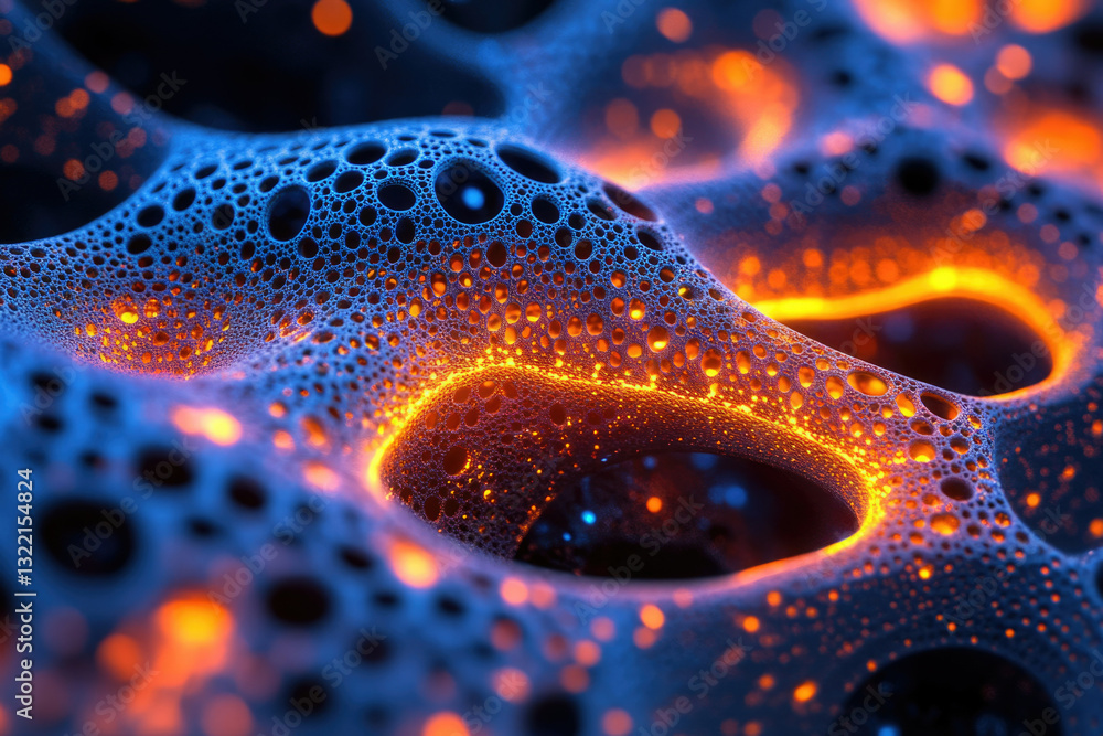 Poster abstract 3d render of a blue and orange lava-like substance with a porous, bubble-like texture.