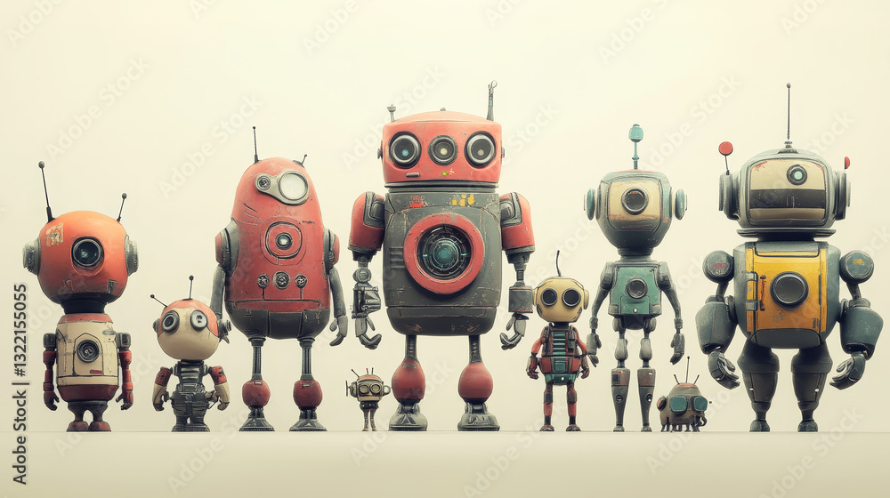 Poster robot group. cartoon modern artificial intelligence characters, androids and robots mascots. futuris