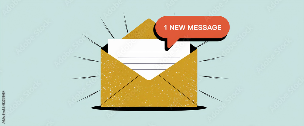 Poster gold envelope with a new message notification, illustrated in a retro style with a speech bubble, sy