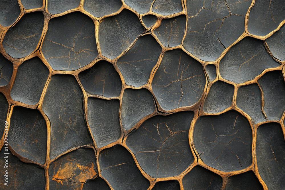 Poster intricate honeycomb-like pattern of dark wood with golden seams, showcasing natural texture and craf