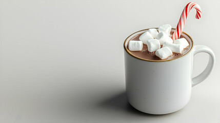 White Mug Of Hot Chocolate With Marshmallows And Candy Cane On A Minimalist Light Gray Background For Christmas Holiday
