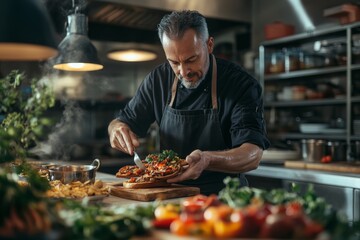 Male chef preparing gourmet bruschetta in professional kitchen
