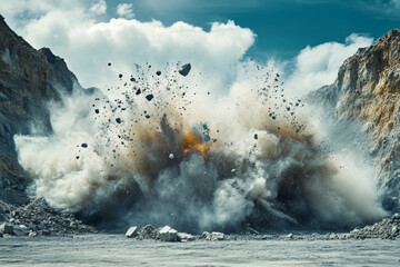 A powerful blast sends clouds of dust and rocks into the air in a quarry, with steep cliffs looming in the background under an overcast sky Generative AI
