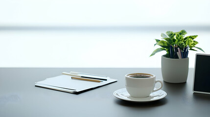 A White Coffee Cup on Saucer Beside a Small Potted Plant Pens and Notebook on a Dark Desk in a Modern Bright Minimalist Home Office Setup with Copy