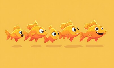 Five happy cartoon goldfish swimming along a yellow background