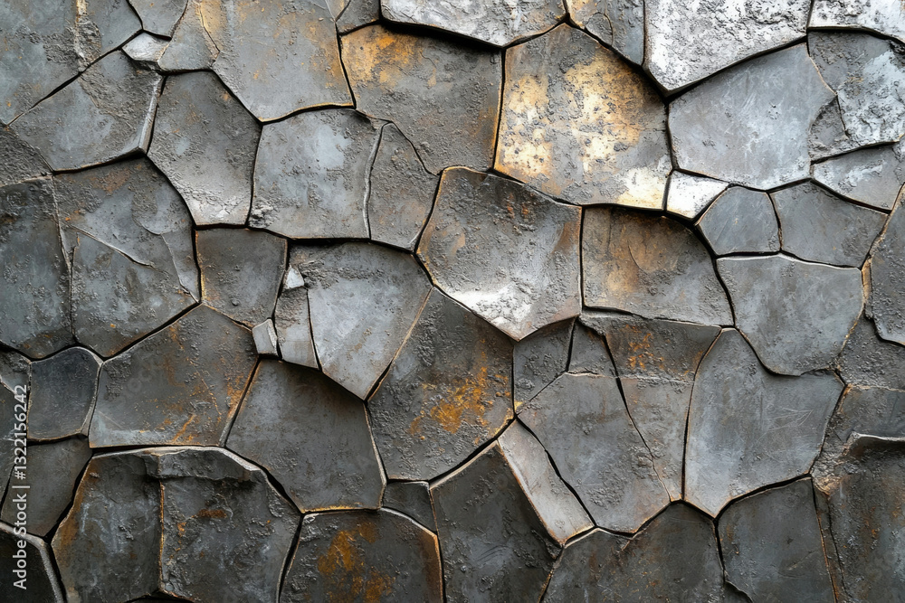 Poster abstract background of dark gray and rusty metallic, irregularly shaped stones creating a textured w