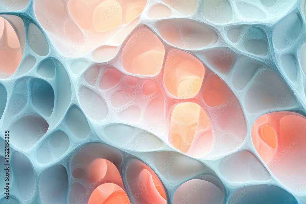 Poster Abstract 3D render of interconnected organic forms with pastel colors, creating a mesmerizing cellular structure.