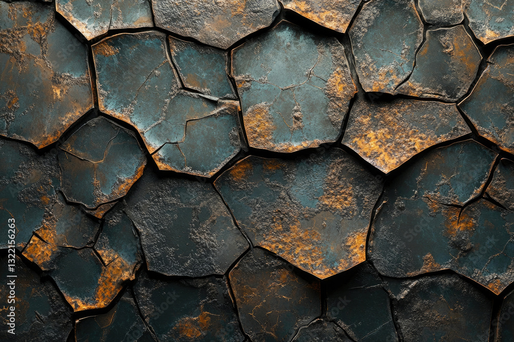 Poster cracked metallic surface with dark teal and rusty orange accents, creating a textured, abstract back