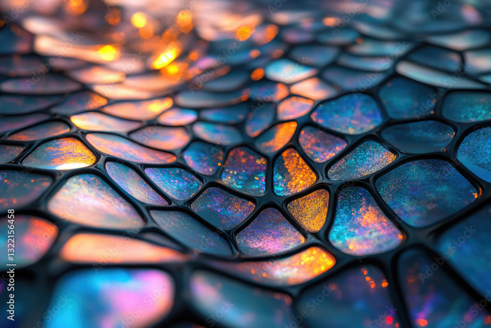 Poster abstract iridescent mosaic pattern with glowing, colorful, interconnected shapes.