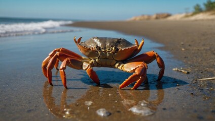 Fototapeta premium Detailed photograph of a crab, focusing on its fine details and vibrant shell colors