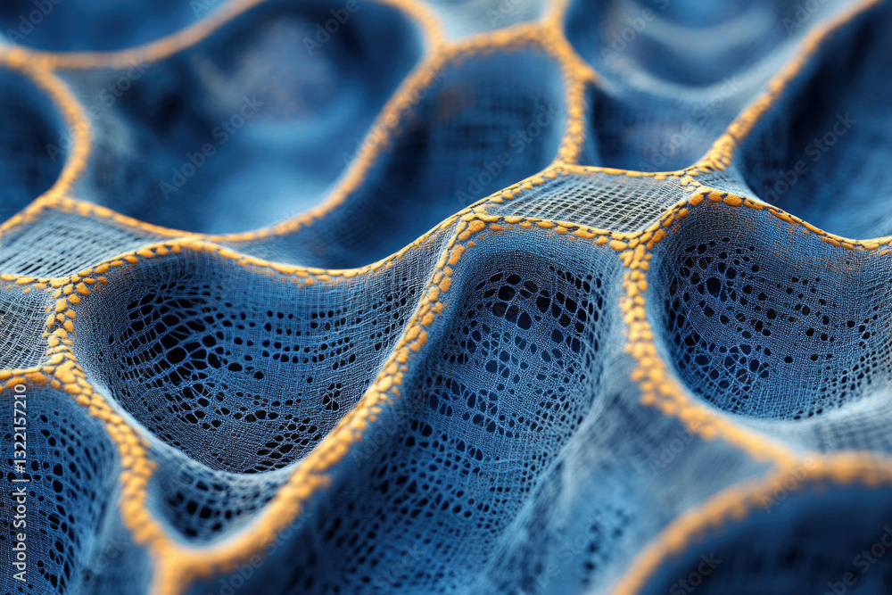 Aufkleber abstract 3d rendering of a textured blue fabric with honeycomb-like structure and orange seams.