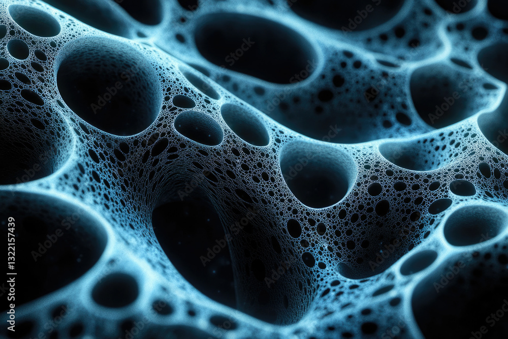 Poster Abstract 3D rendering of a complex, interconnected network of cavities resembling a porous, spongy structure.