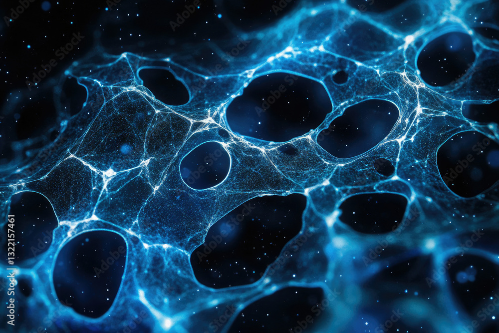 Poster abstract blue network, glowing particles forming a complex structure, resembling a neural network or