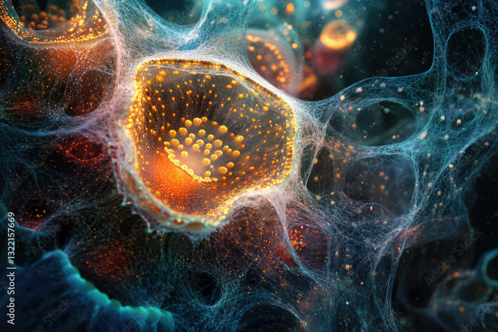 Poster Abstract microscopic image depicting a complex network of glowing structures and particles, resembling a cellular or neural system.
